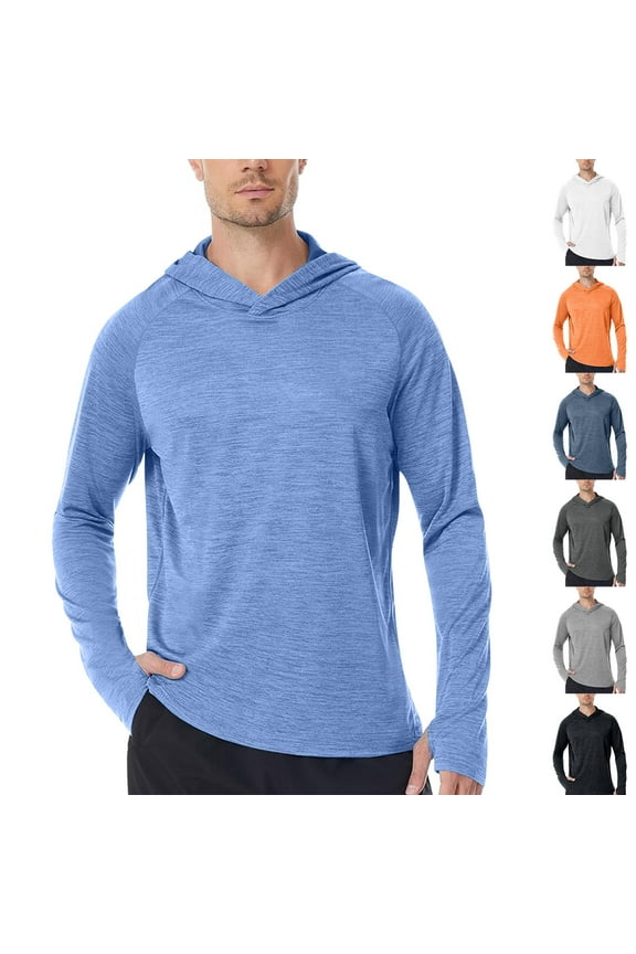 Mens Long Sleeve Sun Protection Shirts with Thumbhole Stretchy Moisture Wicking Hooded Shirt UPF 50+ UV Protection Hoodies for Outdoor Hiking Running Swimming