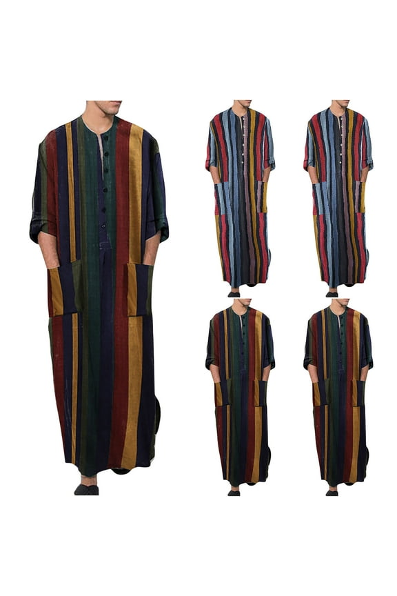 Mens Muslim Thobe Button Down Long Sleeve Kaftan Robes Retro Color Block Shirts Casual Henley Shirt Big and Tall Men's Abaya Dubai Arab Robe