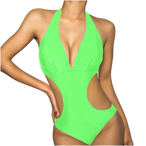 Drindf One Piece Halter Cutout V Neck Ruched Solid Swimsuit, Size L