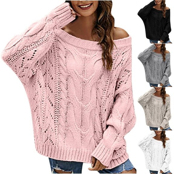 Drindf Oversized Crochet Sweaters for Women Off the Shoulder Pullover Tops Hollow Out Cable Knit Sweater Fashion Batwing Long Sleeve Shirts Loose Casual Knitwear