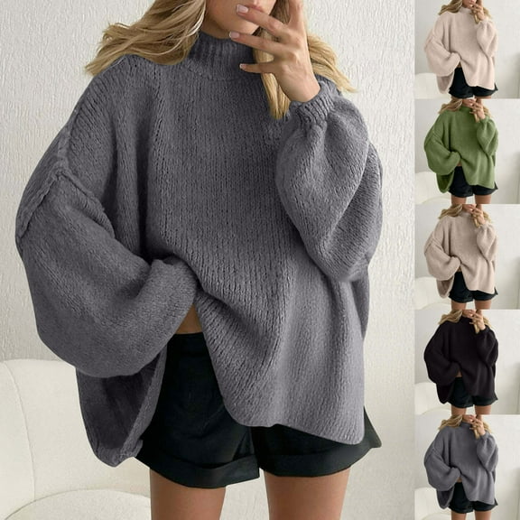 Drindf Oversized Slouchy Sweaters for Women Mock Neck Chunky Knit Sweater Loose Lantern Long Sleeve Pullover Tops Warm Drop Shoulder Shirts Solid Color Casual Jumpers