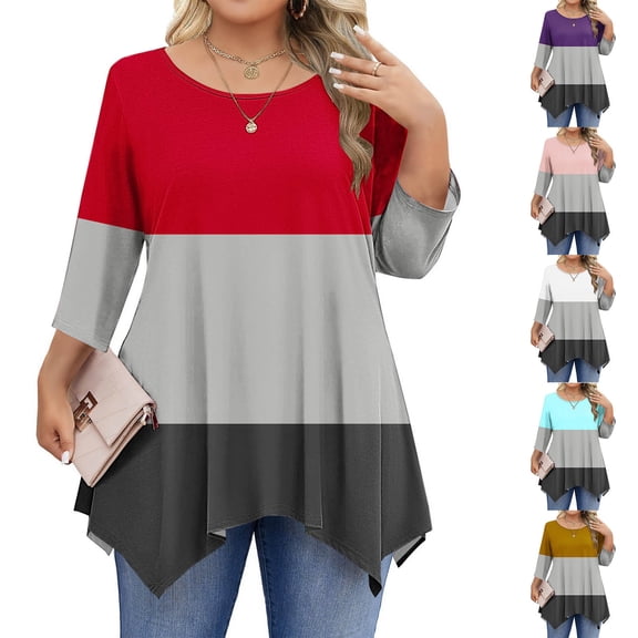 Drindf Plus Size 3/4 Length Sleeve Shirts for Women Crewneck Patchwork Tunic Shirt Trendy Elegant Business Casual Blouses Irregular Hem Loose Fit Spring Tops Red XXXXL