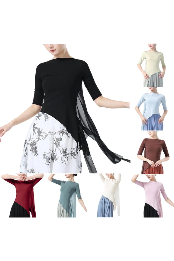 Plus Size Asymmetric Flowy Blouses for Women Slit Side Half Sleeve Dance Shirts Slim Fit Elegant Tunic Shirt Dressy Casual Tops Beige S