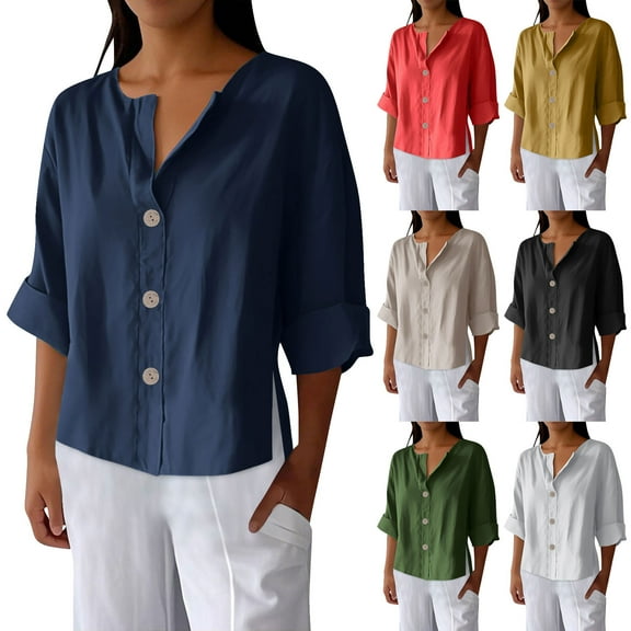 Drindf Plus Size Cotton Linen Women Shirts V Neck Buttons Solid Color Blouses 3/4 Length Sleeve Casual Spring Shirt Loose Fit Comfy Tops Black XXXXL