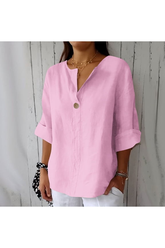 Plus Size Cotton Linen Womens Shirts V Neck with Buttons Red Shirt 3/4 Length Sleeve Lightweight Blouses Spring Summer Loose Fited Tops Pink L