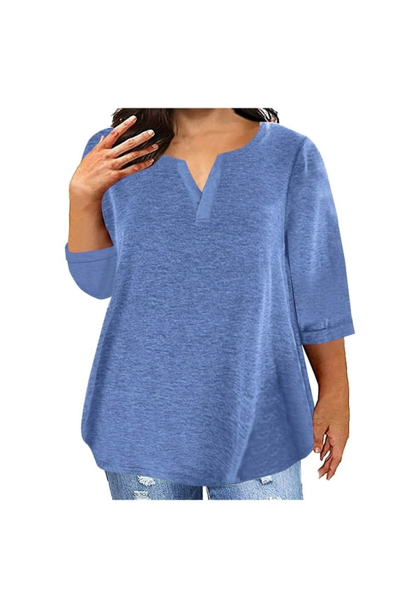 Plus Size Shirts for Womens V Neck 3/4 Length Sleeve Loose Fit Shirt Spring Comfy Lightweight Workout Tops Blue XXL
