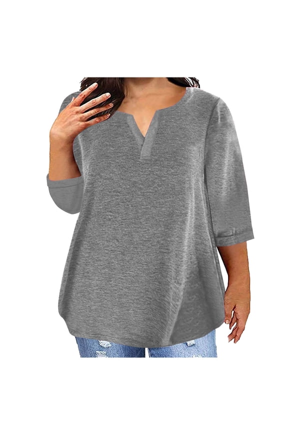Plus Size Shirts for Womens V Neck 3/4 Length Sleeve Loose Fit Shirt Spring Comfy Lightweight Workout Tops Gray XXL
