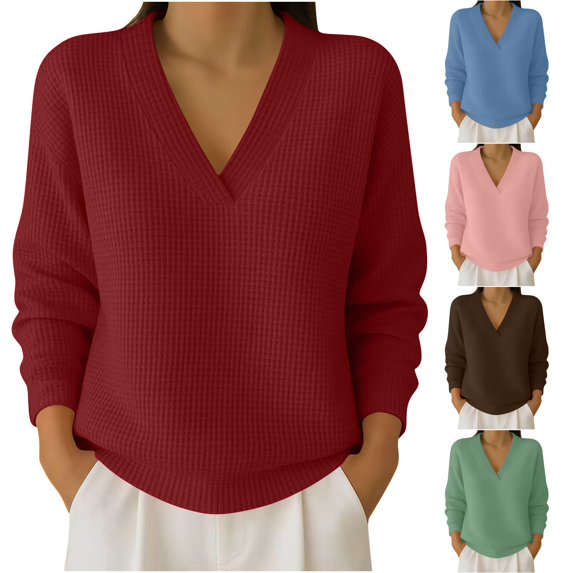 Drindf Plus Size Waffle Knit Womens Shirts V Neck Solid Color Tunic Shirt Loose Fit Long Sleeve Casual Blouses Comfy Elegant Tops Pink XXXL