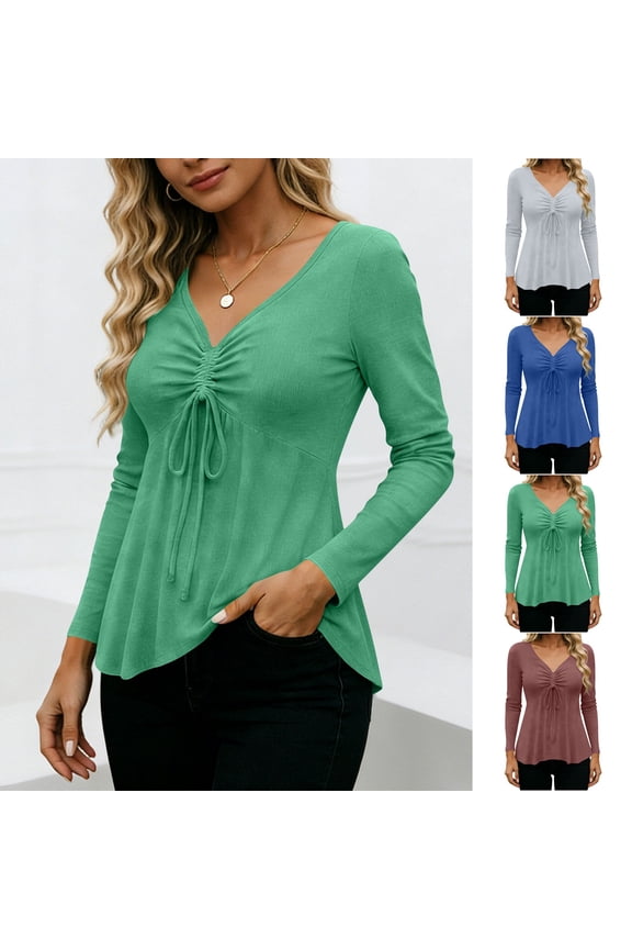 Plus Size Womens Blouses V Neck Lace Up Tunic Tops Dressy Shirts Long Sleeve Trendy Casual Shirt Elegant Loose Fit Spring Clothes Brown XXL