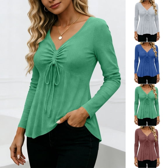 Drindf Plus Size Womens Blouses V Neck Lace Up Tunic Tops Dressy Shirts Long Sleeve Trendy Casual Shirt Elegant Loose Fit Spring Clothes Gray XXXL