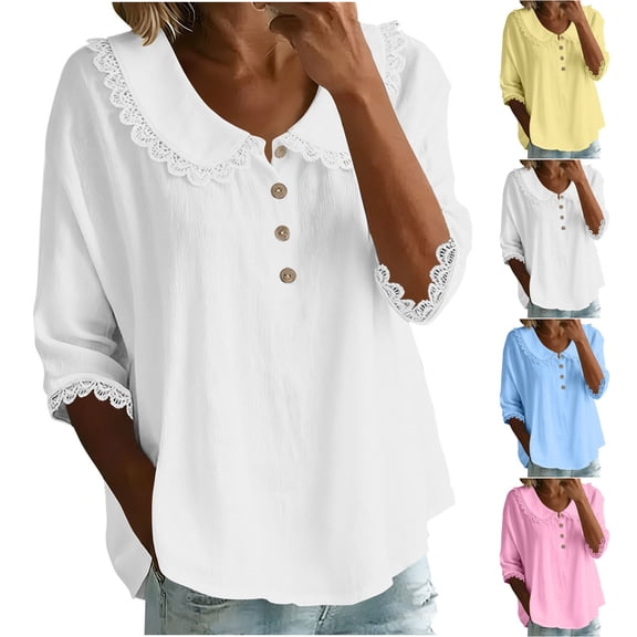 Drindf Plus Size Womens Shirts Lapel Buttons Lace Patchwork Blouses Solid Color Half Sleeve Loose Fit Shirt Casual Going Out Tops Sky Blue XXL