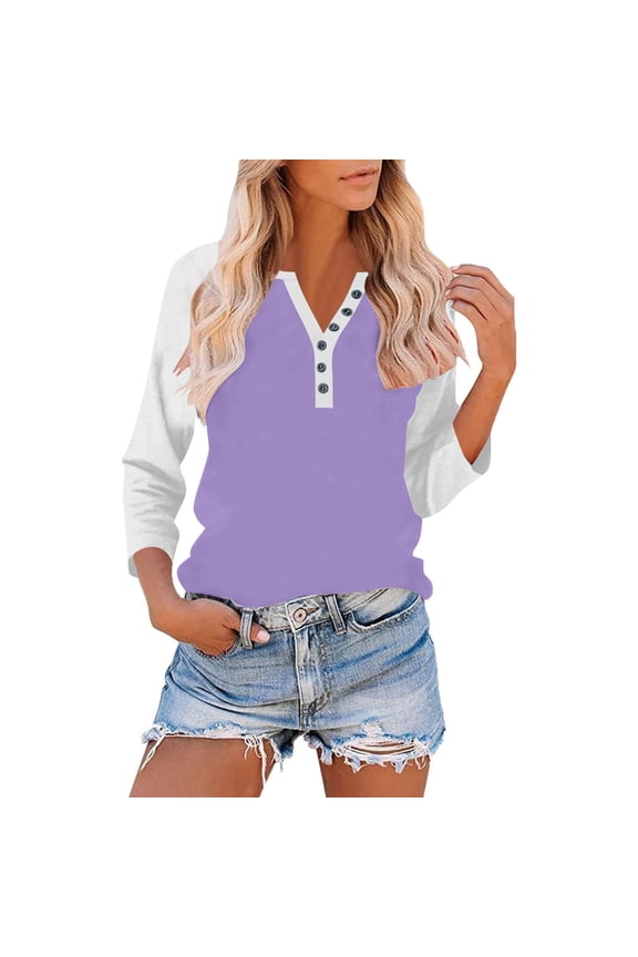 Raglan Sleeve Shirts for Women Patchwork V Neck Tunic Shirt with Buttons 3/4 Length Sleeve Casual Pullover Tops Spring Trendy Clothes Purple XL