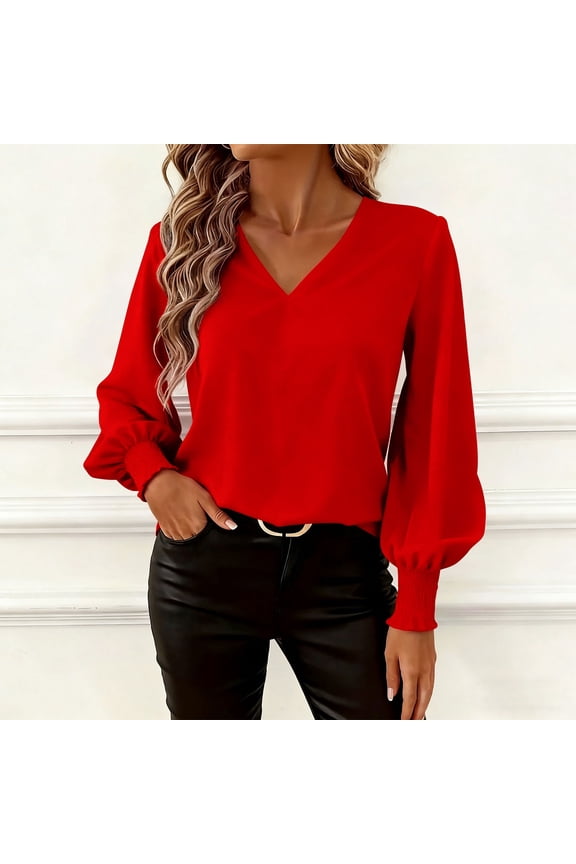 Red Lantern Sleeve Blouses for Women V Neck Dressy Casual Shirts Loose Fit Cute Birthday Party Tunic Tops Going Out Tops Red L