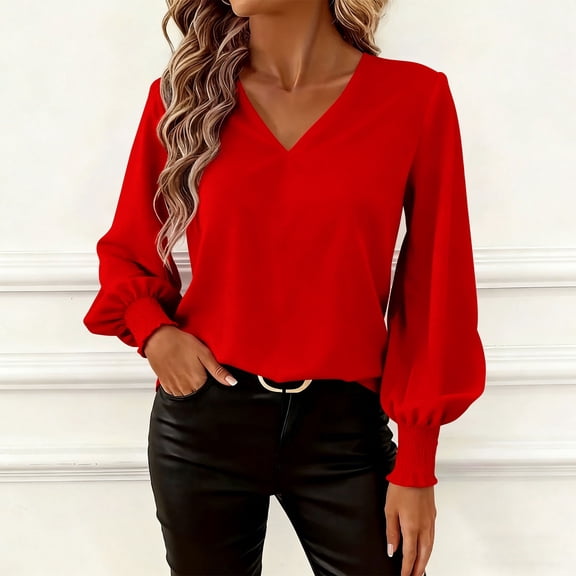 Drindf Red Lantern Sleeve Blouses for Women V Neck Dressy Casual Shirts Loose Fit Cute Birthday Party Tunic Tops Going Out Tops Red M