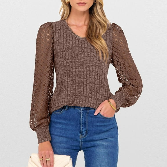 Drindf Ribbed Knit Women Blouses Lace Patchwork Long Sleeve Tunic Shirts Hollow Out Embroidered Elegant Shirt Trendy Business Casual Tops Brown S