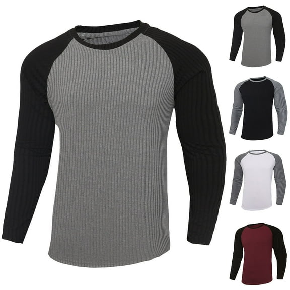 Drindf Ribbed Shirts for Men Long Sleeve Raglans T-Shirt Breathable Cooling Basic Tees Slim Fit Casual Tshirts Fashion Color Block Tee Tops