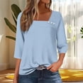 thumbnail image 1 of Drindf Solid Color Casual Blouses Square Neck 3/4 Sleeve Pullover Shirts with Button Comfy Lightweight Tunic Shirt Spring Tops Light Blue S, 1 of 5