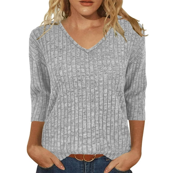 Drindf V Neck Ribbed Knit Shirts for Women Red 3/4 Length Sleeve Tunic Blouses Lightweight Loose Fit Pullover Shirt Spring Basic Tops Gray M
