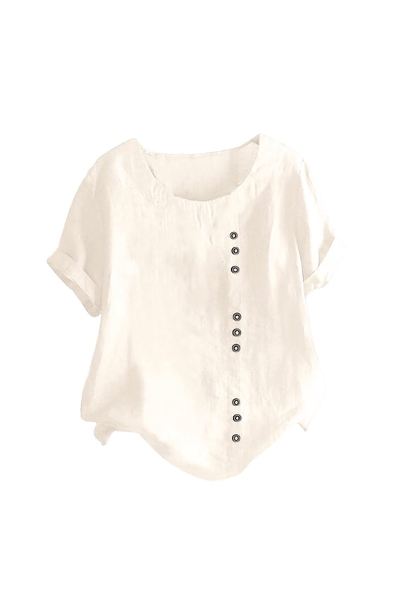 Women's Linen Shirts Casual Plus Size Tunic Blouse Trendy Button Crew Neck T-Shirts Loose Going Out Travel Tops