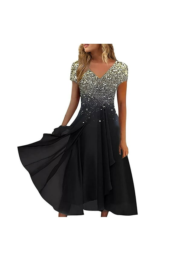Women's Summer Plus Size Long Dress Casual Pleated Chiffon Tunic A-Line Boho Dress Trendy Sequin V Neck Short Sleeve Prom Dress Loose Slim Fit Irregular Hem Cocktaill Maxi Dress