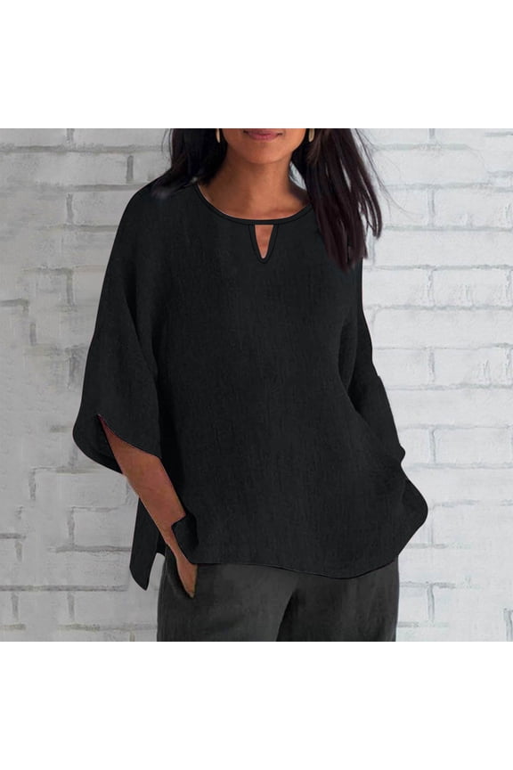 Womens Crewneck Cotton Linen Shirts 3/4 Length Sleeve Keyhole Solid Color Pullover Shirt Loose Fit Lightweight Tops Spring Trendy Clothes Black XL