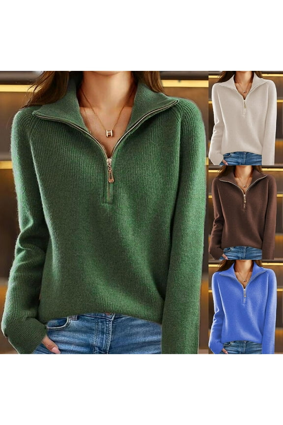 Womens Fleece Knit Sweater Trendy Lapel Half Zipper Pullover Warm Long Sleeve Shirts Dressy Casual Sweaters Solid Color Winter Work Shirt Jumpers