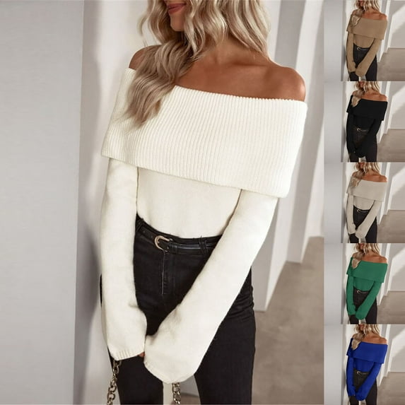 Drindf Womens Off The Shoulder Sweater Fall Ribbed Knit Shirts Long Sleeve Going Out Tops Y2k Clothes Winter Trendy Date Night Outfits