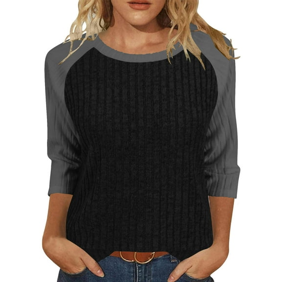 Drindf Womens Ribbed Knit Shirts 3/4 Raglan Sleeve Blouses Crewneck Color Block Loose Fit Tunic Sweater Comfy Business Casual Spring Tops Gray S