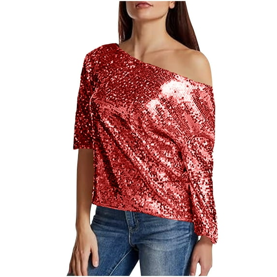 Drindf Womens Sequin Blouses Off Shoulder Solid Color Shirt Dressy Casual Holiday Party Outfits Elegant Spring Sparkly Tops Red XXL