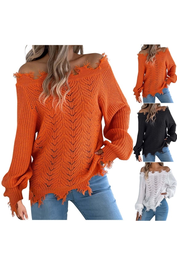 Womens Slouchy Long Sleeve Sweaters Retro Raw Hem Distressed Shirts Casual Hollow Out Crochet Pullover Tops Off the Shoulder Knitwear Sweater Top