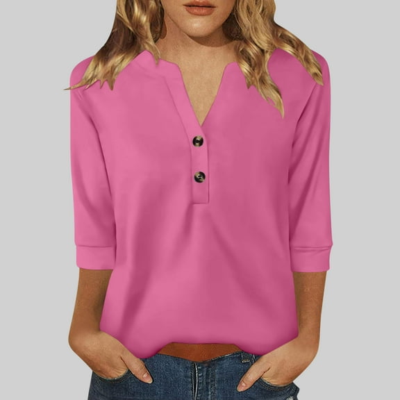 Drindf Womens Spring Shirts V Neck with Buttons Elegant Tunic Shirt 3/4 Length Sleeve Loose Fit Blouses Dressy Casual Business Tops Hot Pink L