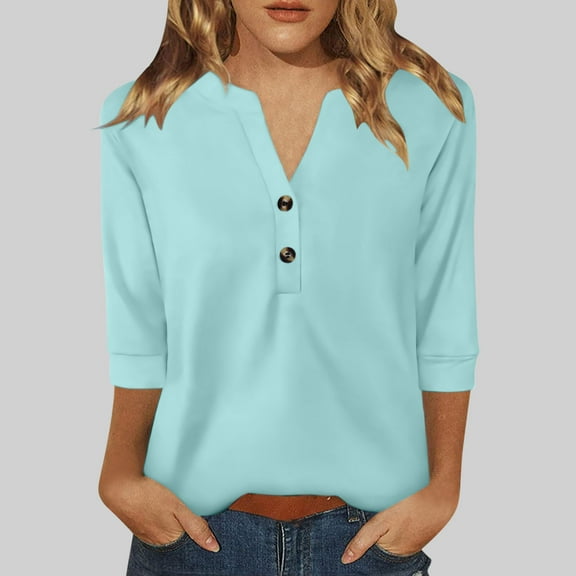 Drindf Womens Spring Shirts V Neck with Buttons Elegant Tunic Shirt 3/4 Length Sleeve Loose Fit Blouses Dressy Casual Business Tops Light Blue XL