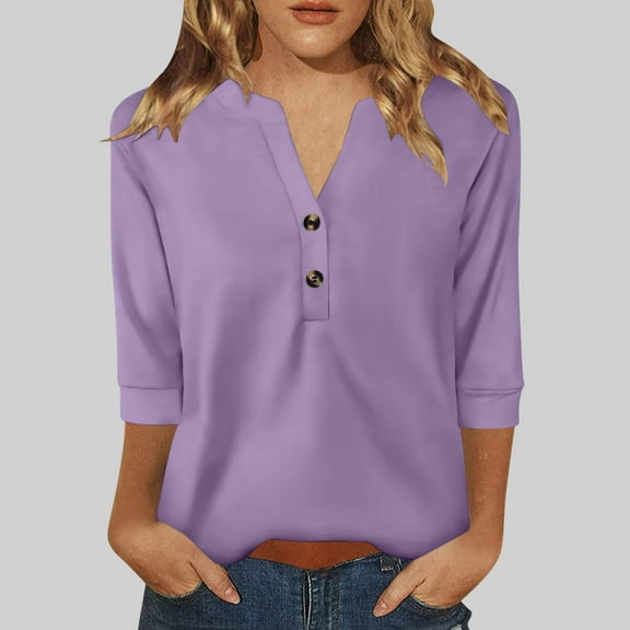 Drindf Womens Spring Shirts V Neck with Buttons Elegant Tunic Shirt 3/4 Length Sleeve Loose Fit Blouses Dressy Casual Business Tops Purple XXL
