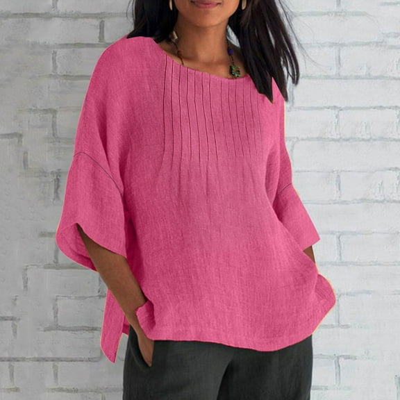 Drindf Womens Summer Cotton Linen Shirts Half Sleeve Pleated Oversized Blouses Crewneck Loose Fit Tops Comfy Lightweight Spring Clothes Hot Pink XXXL