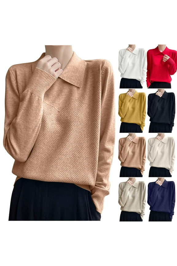 Womens Sweaters Dressy Casual Collared Shirts Cozy Long Sleeve Sweater Lightweight Loose Fitted Knitwear Soft Work Office Pullover Tops