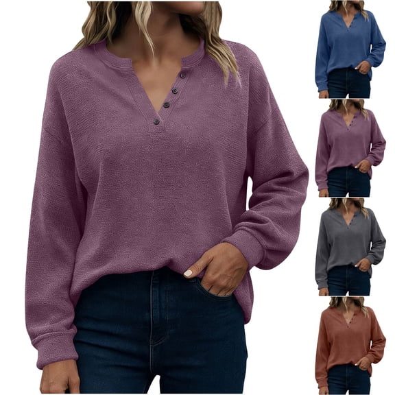 Drindf Womens Waffle Knit Blouses Long Sleeve V Neck Shirts with Buttons Solid Color Loose Fit Tunic Shirt Comfy Spring Pullover Tops Brown XXL