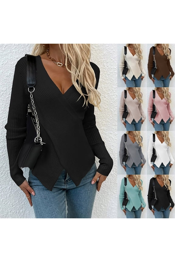 Wrap Sweaters for Women Ribbed Knit Sweater Stretchy Slim Fit Pullover Shirts Lightweight Long Sleeve Jumper Tops Elegant Asymmetric Hem Knitted Shirt