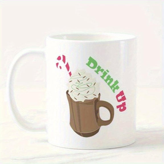 Drink Up 97739 11oz Ceramic Coffee Mug with Festive Hot Cocoa Candy Cane Design White Holiday Mug Christmas Gifts Cozy Winter Beverages Coffee Gifts Seasonal Drinkware