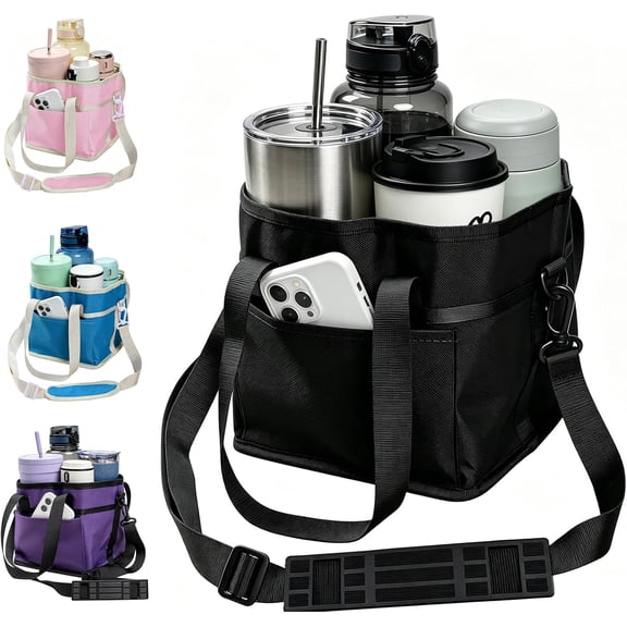 Drink Carrier Bag for 4 Cups, Drink Holder Bag with Adjustable Strap & Handle Hands-Free Insulated Drink Caddy, Portable Drink Bag & Drink Carrier for Travel(black)