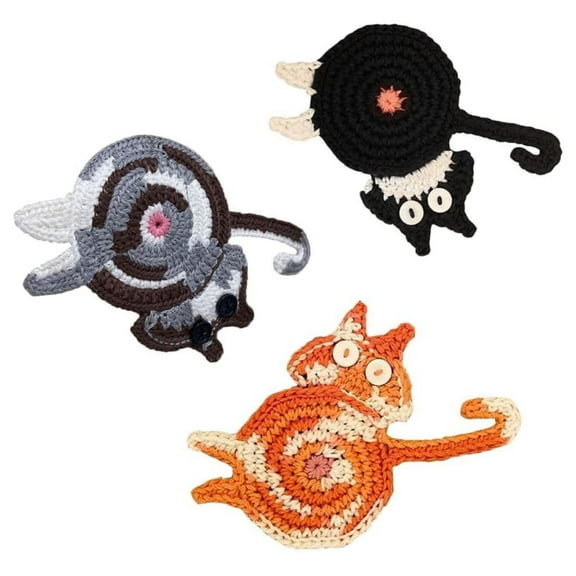 Hand Woven Cat Butt Coasters - 3 Pack Organic Cotton Coasters for Cat Lovers, Non-Slip Cup Mats for Hot/Cold Drinks, 10cm Diameter