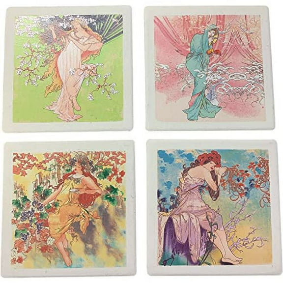 Drink Coaster Set of 4 | Absorbent Coaster Set | Ceramic Drink Coaster for tabletop protection | Suitable for kinds of cups | Bar Accessories for the home bar set | Art Nouveau | Alphonse Mucha Design