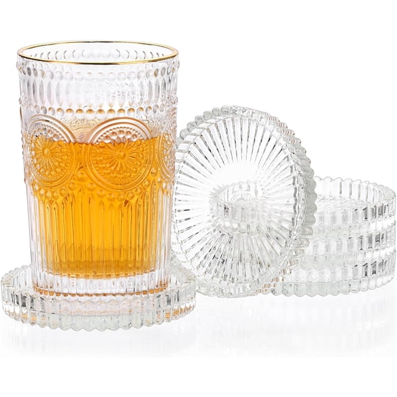 Drink Coaster Set of 5- Coffee Table Coasters, Round Cup Mats Home Décor Accents, Cup Coaster, Glass, Black, Coasters for Office, Kitchen, Bar, Dining Room, Living Room, Patio