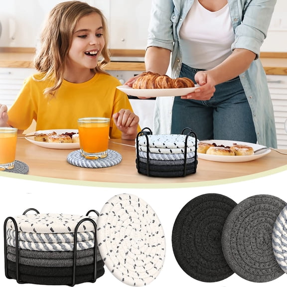 Drink Coasters 8 Pack with Holder, 4-Color Cotton Woven Absorbent Coasters Set, 4.3in Cup Mat for Home Decor, Dining Table, Living Room, Tabletop-Protection