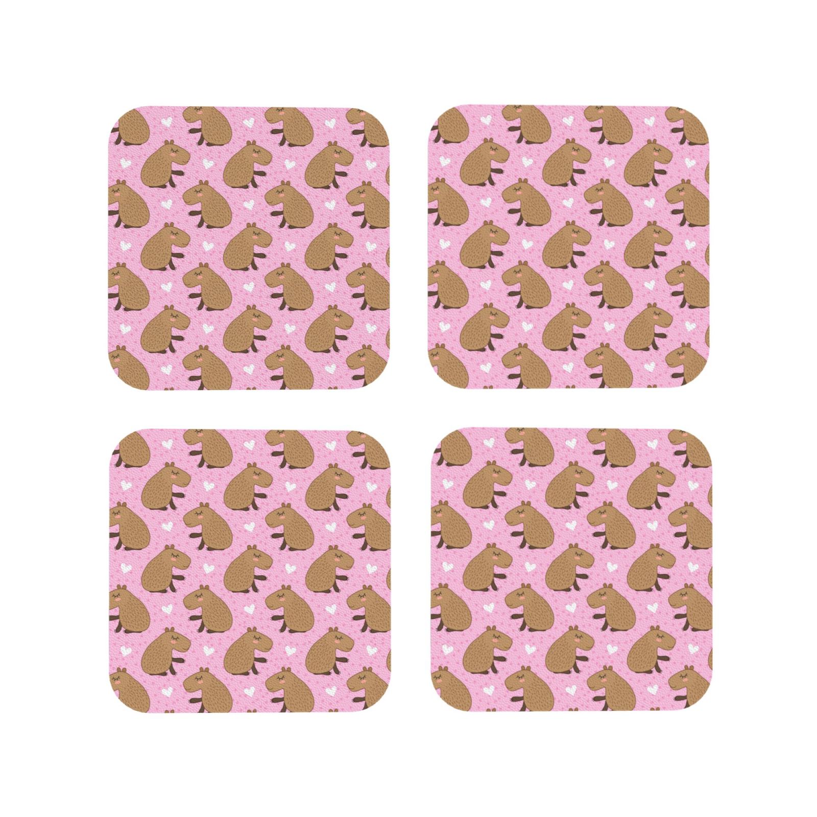 Pink Coaster Set Drink Coasters, Capybara Print Pink -PVC Leather Coasters Sets of 4 for ...