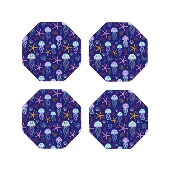 Drink Coasters, Cartoon Jellyfish Scallop -PVC Leather Coasters Sets of 4 for Tabletop Protection - Bar Accessories, Coasters for Drinks Cup Aesthetic Coasters Home Office Decor Octagon