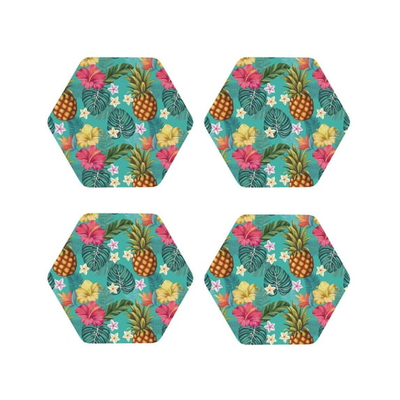 Drink Coasters, Hawaiian Style Pineapple -PVC Leather Coasters Sets of 4 for Tabletop Protection - Bar Accessories, Coasters for Drinks Cup Aesthetic Coasters Home Office Decor Hexagon