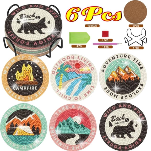 Drink Coasters with Holder, DIY Outdoor Camping Coasters Sets of 6, Marble Style Ceramic Drink Coaster for Tabletop Protection,Suitable for Kinds of Cups, Wooden Table, Cool Home Decor, 4 Inches