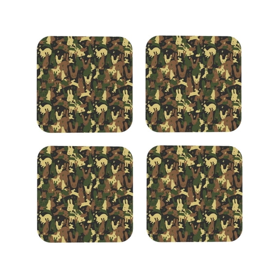 Drink Coasters, Rabbit Green Camouflage -PVC Leather Coasters Sets of 4 for Tabletop Protection - Bar Accessories, Coasters for Drinks Cup Aesthetic Coasters Home Office Decor Square