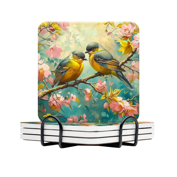 Drink Coasters Set Of 4 With Holder Beautiful Birds Sitting On The Branches Of Blooming Cherry Blossoms Water Absorbent Ceramic Coasters Tabletop Protection,Suitable For Various Cup,Home Decor