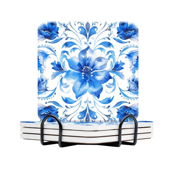 Drink Coasters Set Of 4 With Holder Beautiful Blue Watercolor Floral Ornament Pattern On White Background Water Absorbent Ceramic Coasters Tabletop Protection,Suitable For Various Cup,Home Decor